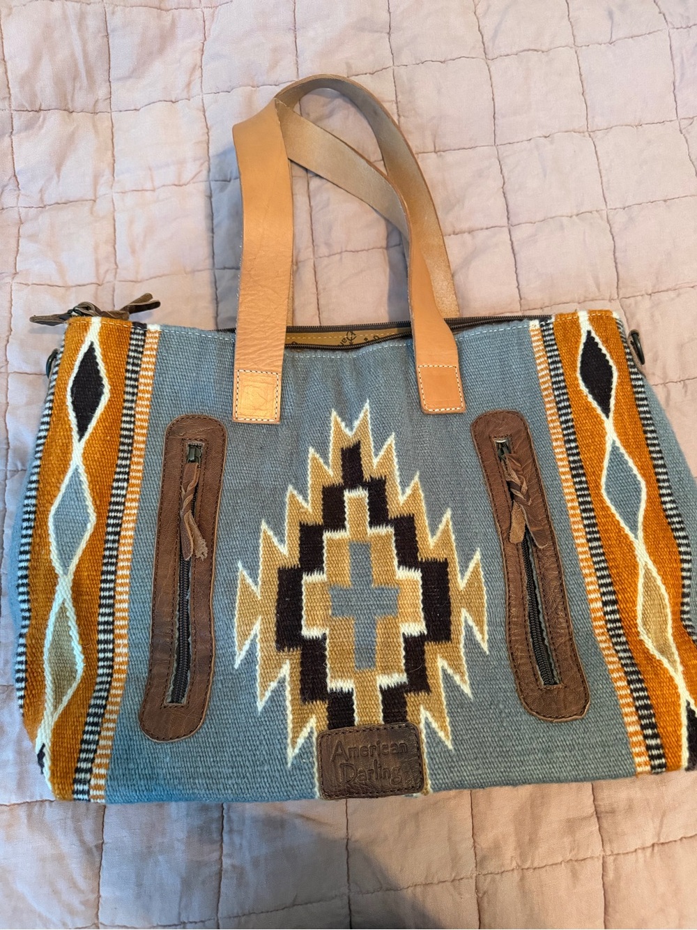 American Darling Aztec Tote in Light Blue, Mustard and Brown